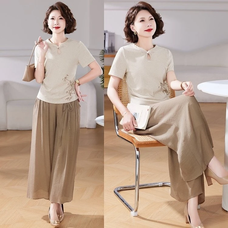 纽扣薄款常规短款纯色中老年女装阔腿裤减龄显瘦宽松休闲套装