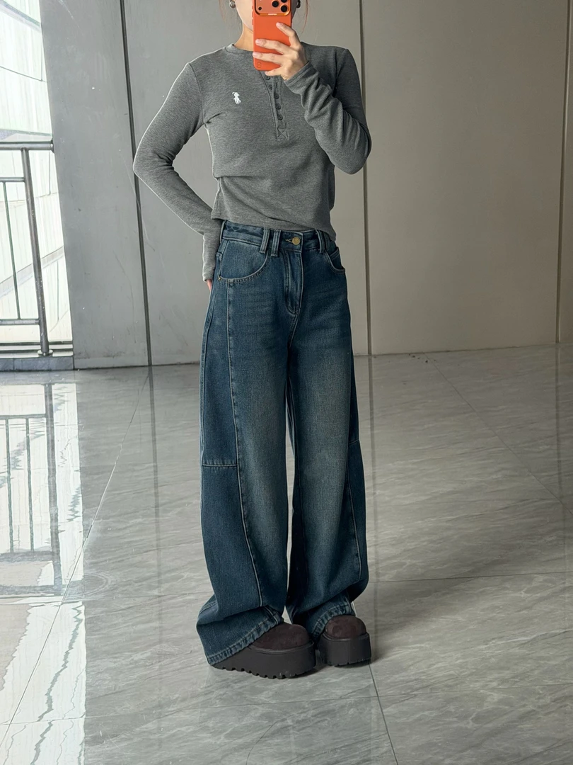 【HDH】冬季保暖加绒弯刀水洗做旧简约女款牛仔裤