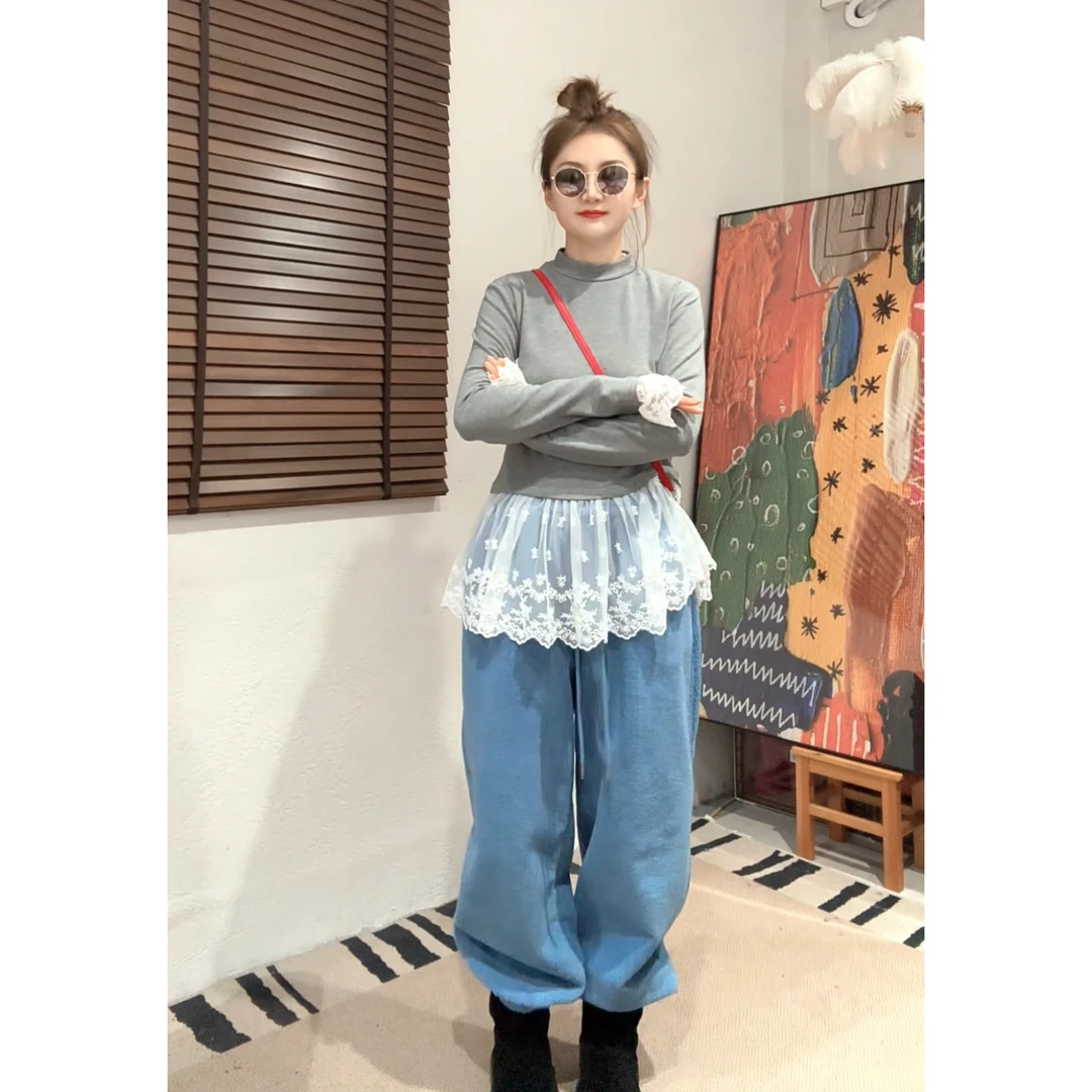 【Z.D.C】白蕾丝裙摆磨毛棉打底T/显瘦保暖百搭