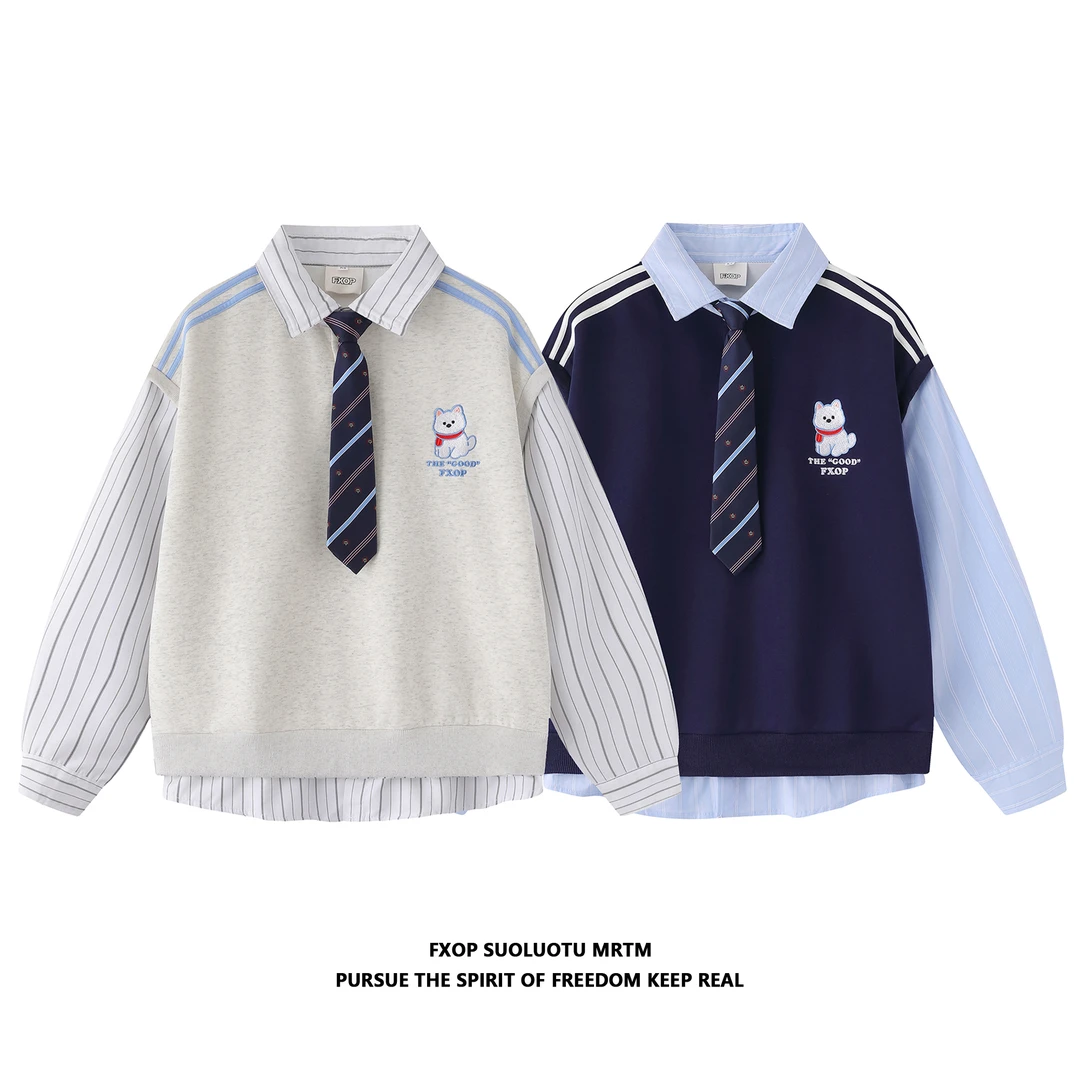 FXOP学院风刺绣小狗假两件拼色设计卫衣秋冬显瘦减龄时髦长袖外套