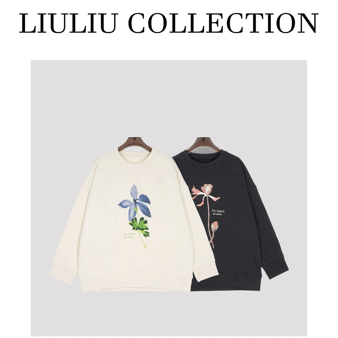 柔软小毛圈纯棉，花园印花圆领罗纹边宽松套头卫衣女K53