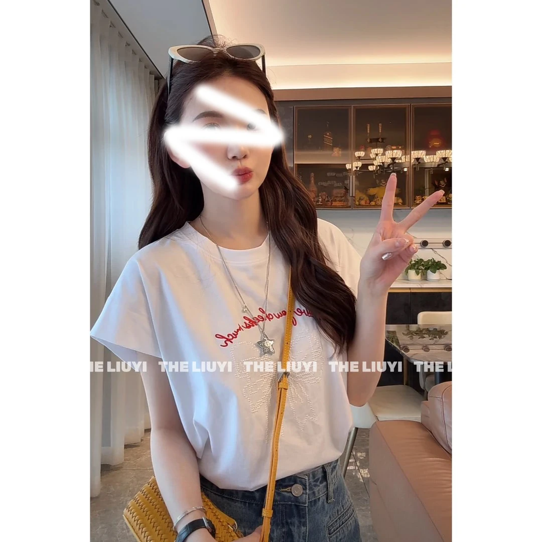 【KK卡梦】韩系薄款蝴蝶结刺绣字母T恤