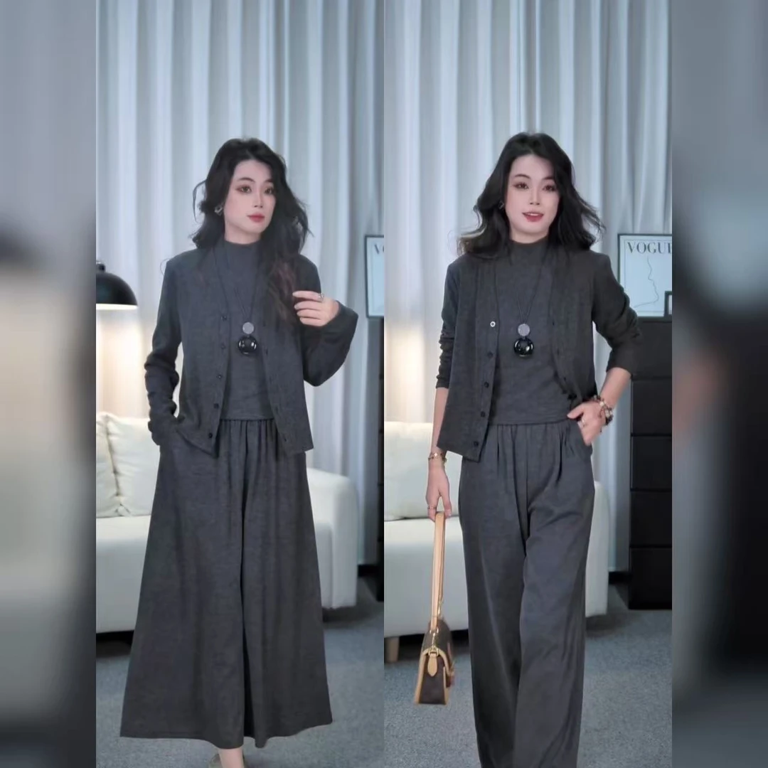 秋冬季三件套新款韩版休闲套装女简约宽松气质显瘦高级半身裙套装