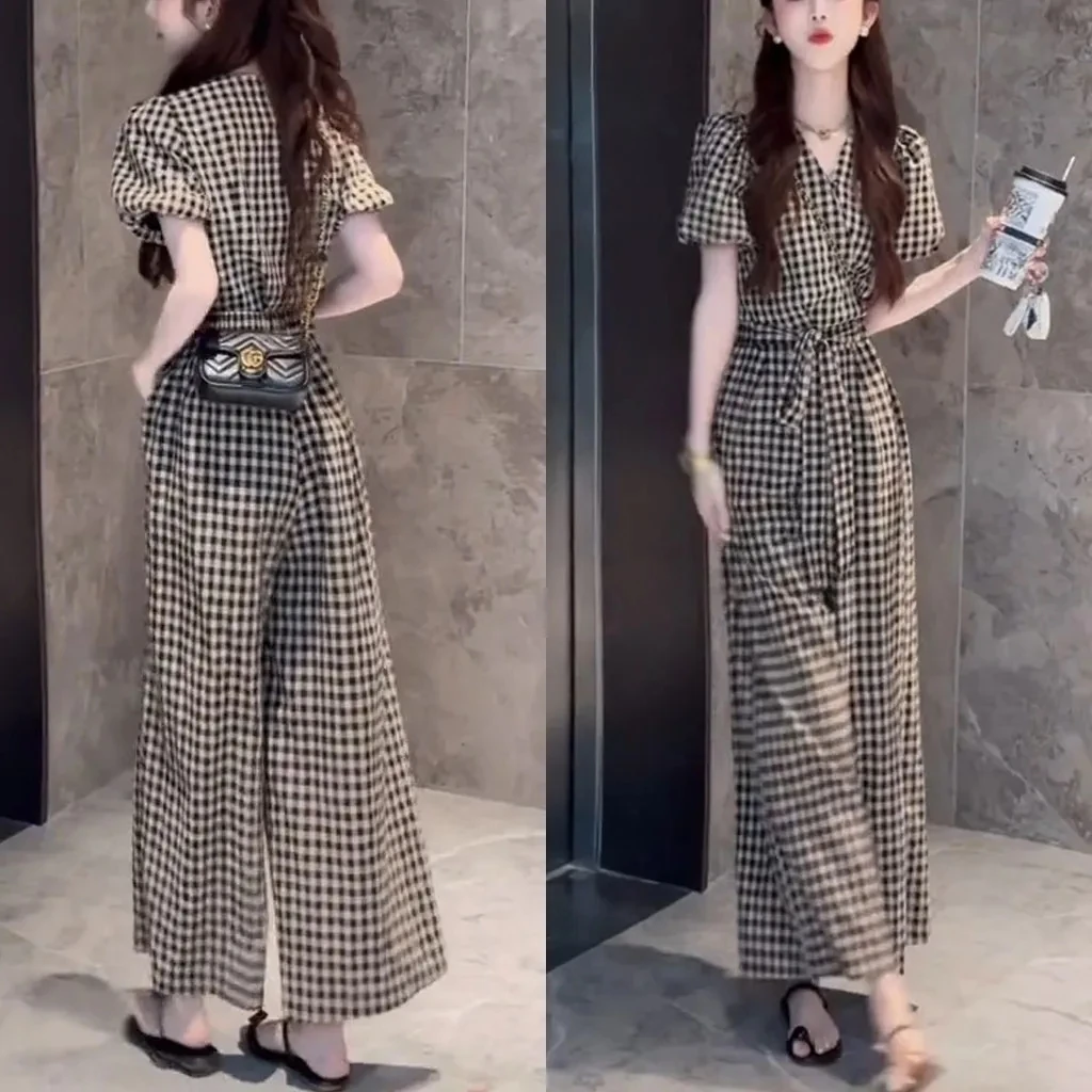 2025夏季新款小个子复古格子短袖上衣显瘦阔腿裤子休闲两件套装女