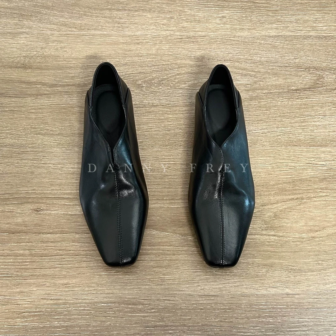 Dannyfrey复古极简风一脚蹬V口休闲女头层牛皮深口时尚单鞋1.5CM