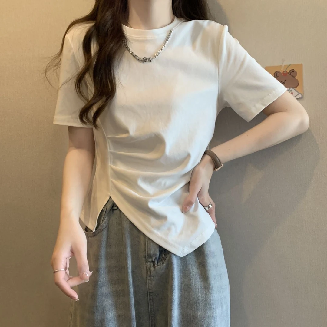 棉质大码胖mm不规则短袖T恤女夏韩系设计感修身显瘦遮肚正肩上衣