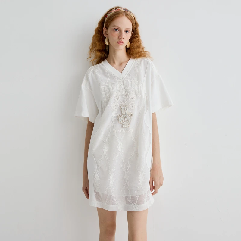 谜底连衣裙短袖女2025夏新品日常绣花T恤裙宽松H型短裙252ML0641