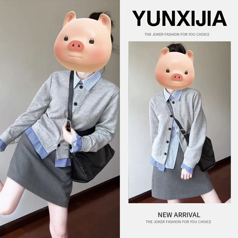 2025早秋一整套时尚简约宽松慵懒风美式衬衫假两件开衫短裙三件套