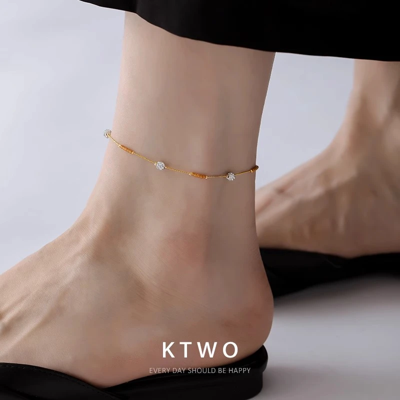 钛钢脚链 2025夏季新款锆石圆珠脚链女小众彩色串珠拼接时尚足链