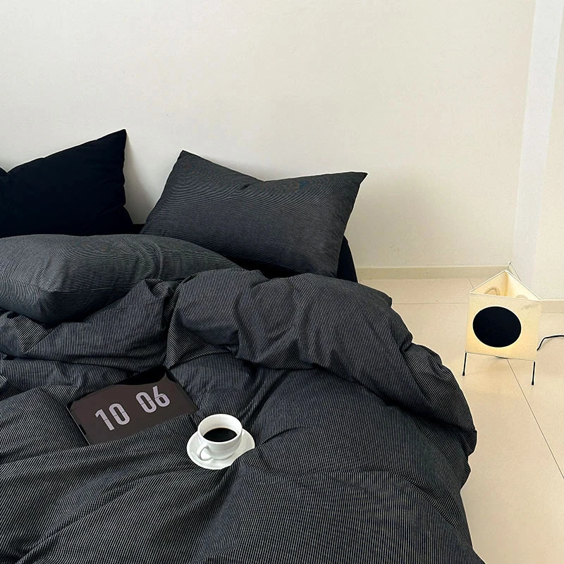 新款A类ins纯黑色高级感全棉水洗棉四件套纯棉三件套床品简约纯色