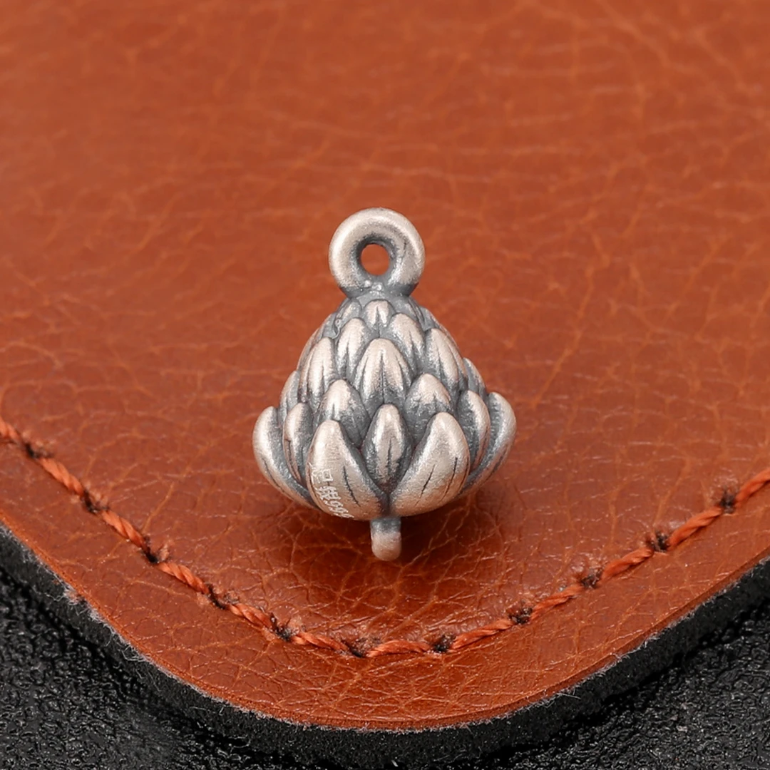 足银银制品 足银古法做旧两世欢莲花吊坠红绳挂件隔珠diy银饰配件