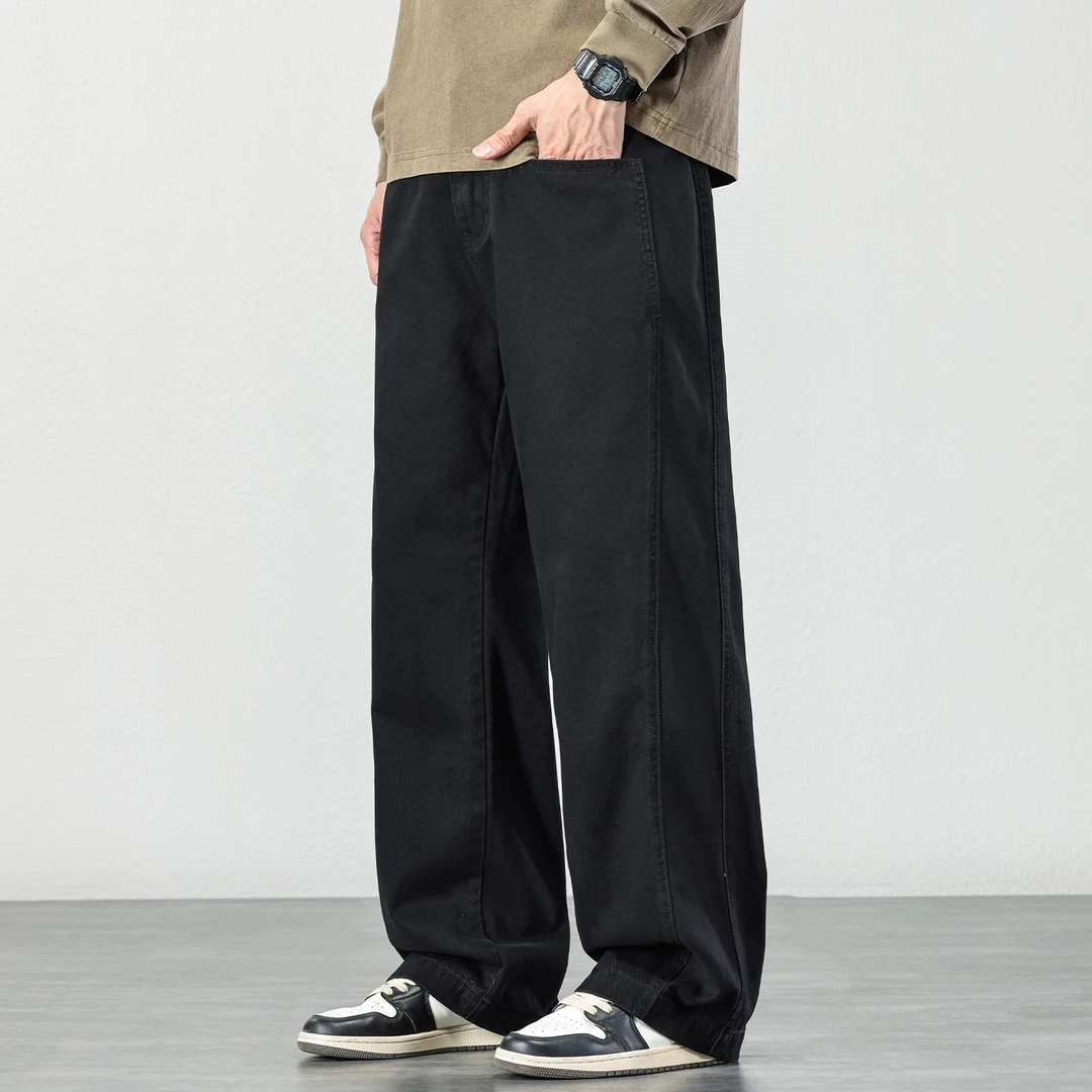 黑色纯棉休闲裤子男士2025秋冬新款宽松小众设计感直筒阔腿长裤潮