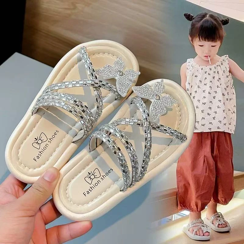 女童2025夏季新款软底拖鞋防滑蝴蝶亮钻凉拖7799