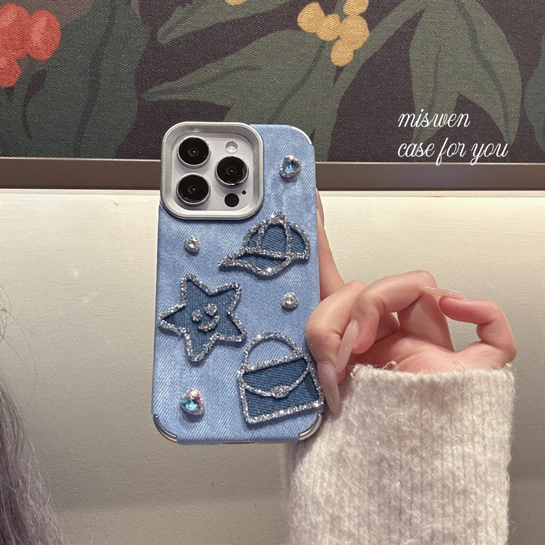 牛仔布五角星立体贴布手绳花朵适用iPhone16Pro手机壳15女款14p13