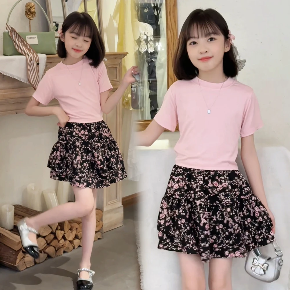 女童装中大童时尚百搭韩系套装短裙时尚T恤碎花半身裙童装两件套