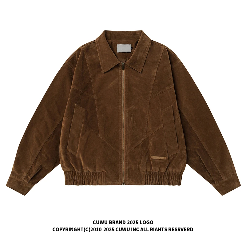 cuwu美拉德棕色短款外套女男春秋季美式复古宽松拉链夹克翻领上衣