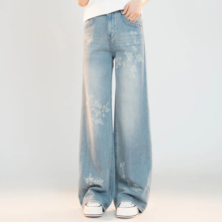宿慕SUMU女款设计感阔腿裤秋季2025新款高腰印花牛仔裤长裤C9907K