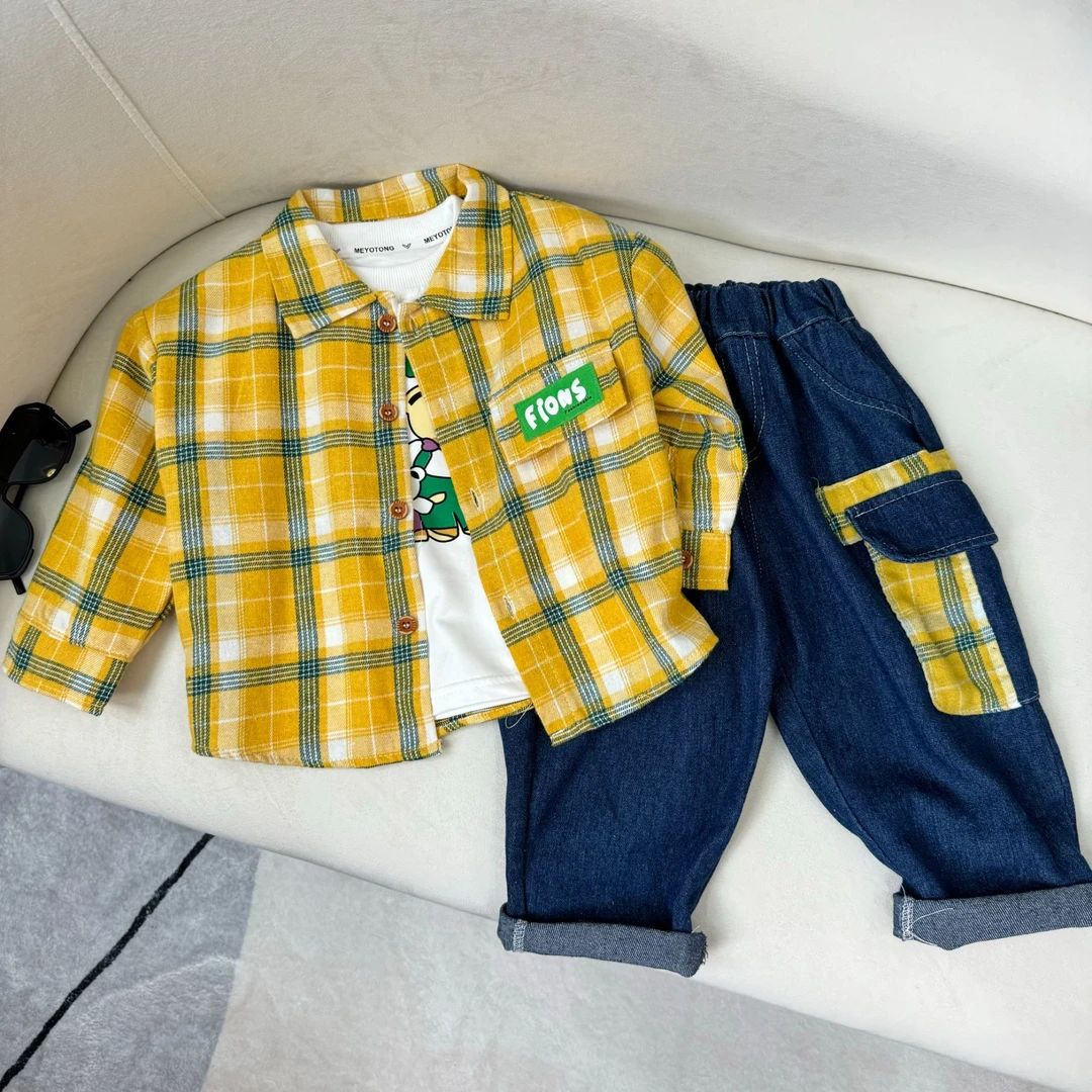 2025春季新款童装男宝女宝格子衬衫三件套套装韩版儿童套装