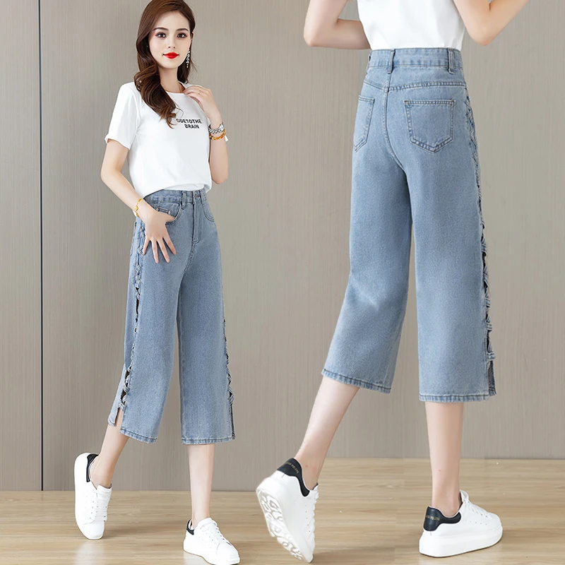蓝色简约高腰镂空百搭直筒牛仔裤女2025年夏季洋气七分薄款阔腿裤