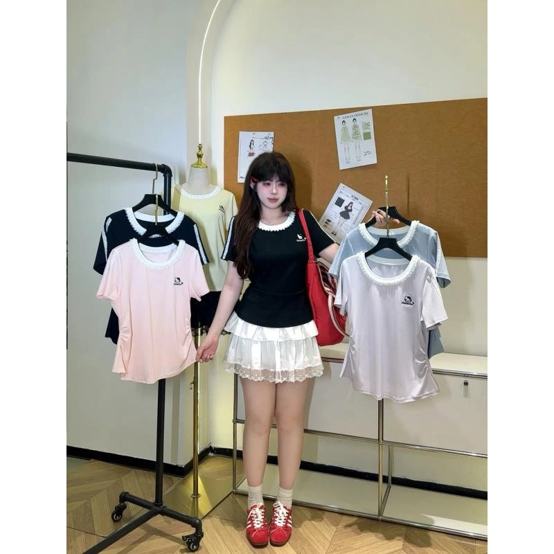 现货【嘎嘎】胖MM短袖t恤2025夏季大码遮肉显瘦减龄气质上衣04133D