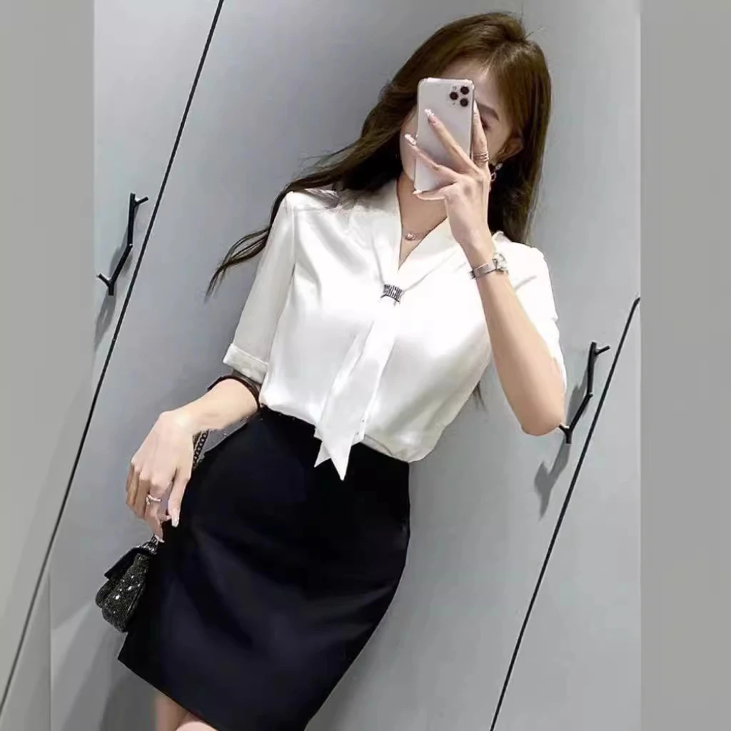白色衬衫女夏款短袖衬衣2024新款美容院工作服售楼部高端职业套裙
