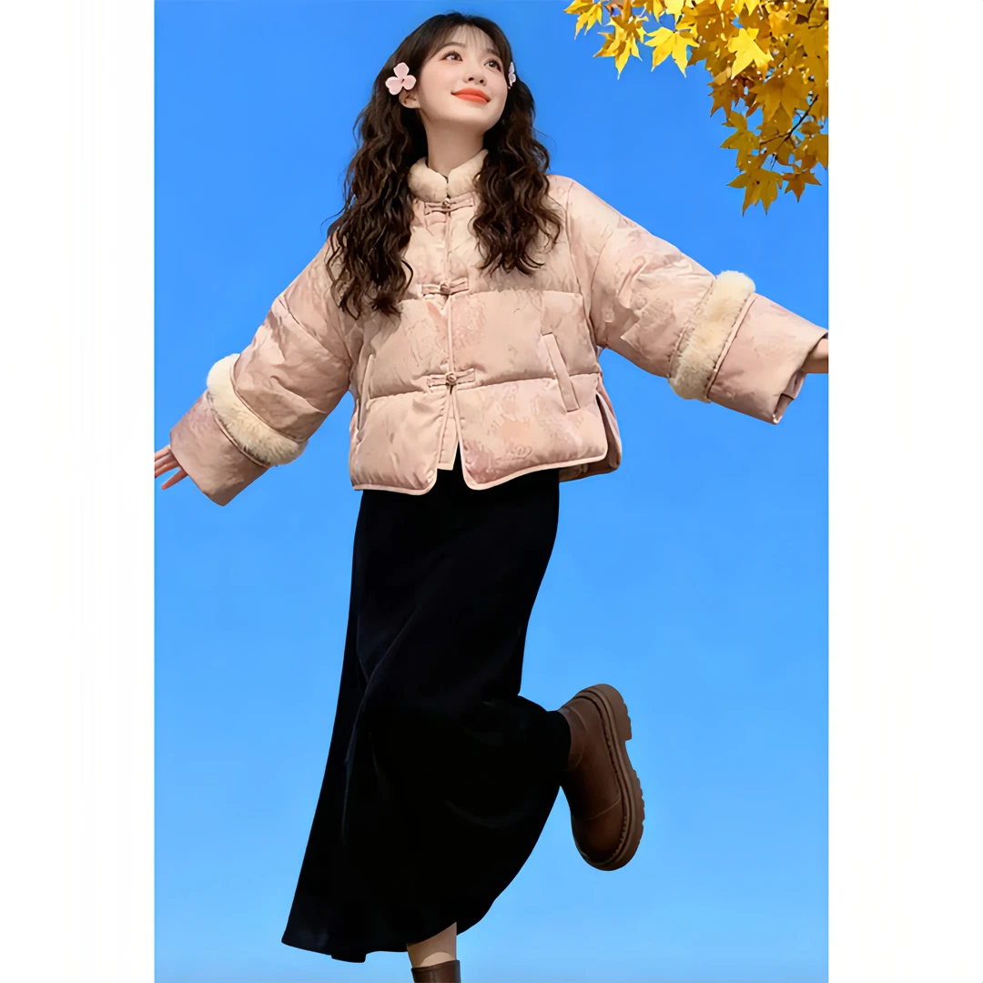 新中式立领盘扣短款棉服高腰半裙潮流一整套时尚套装女