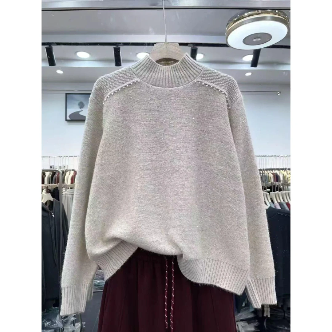 亲肤软糯亮片钉珠提花宽松百搭针织衫K2535