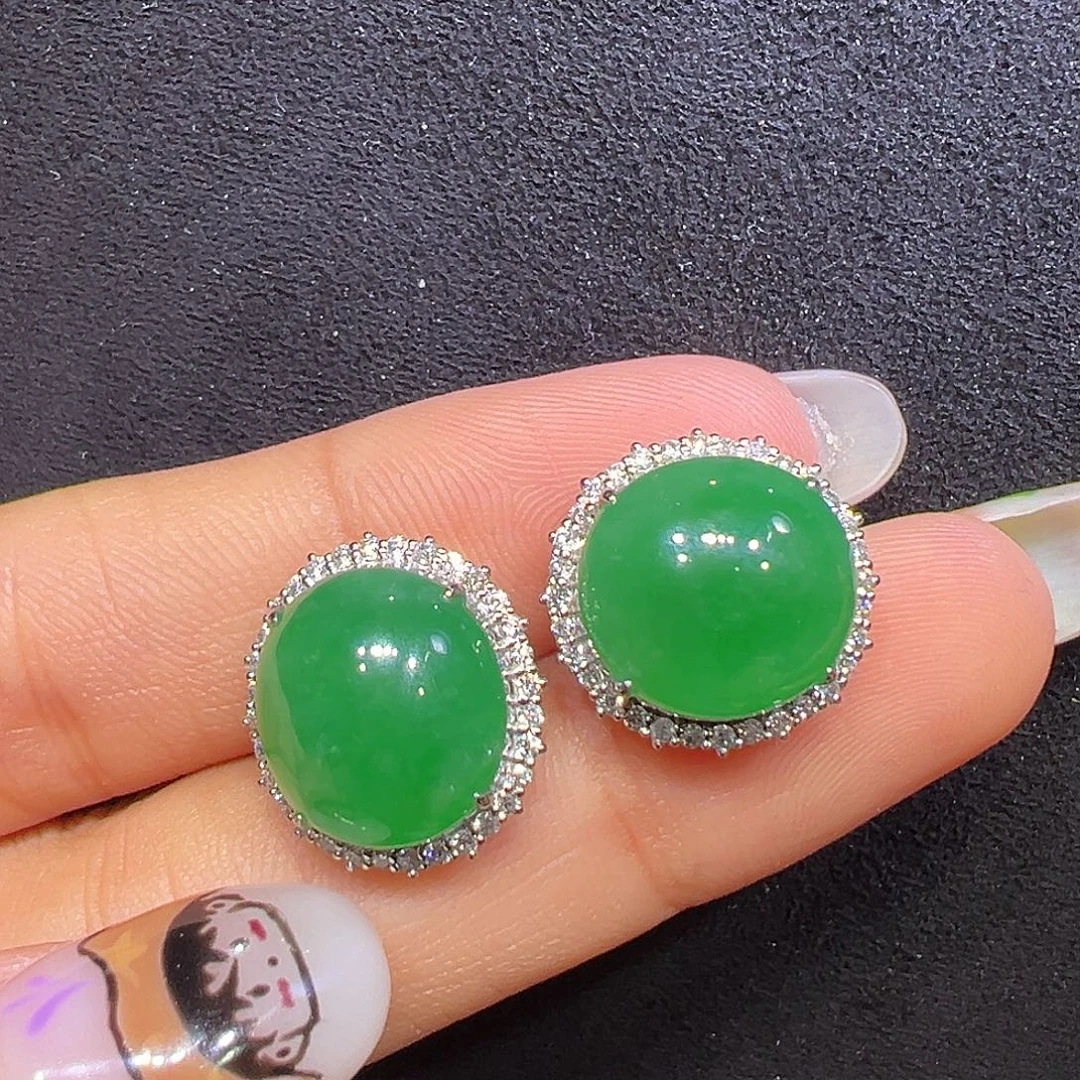 翡翠18K金镶嵌耳饰蛋面