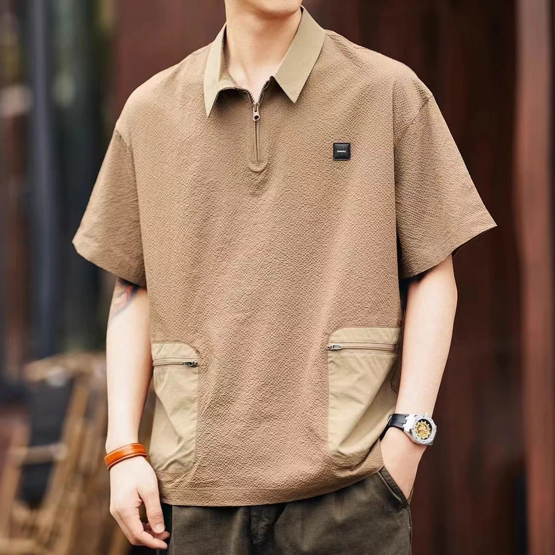 夏季2025新款撞色口袋短袖polo衫男速干宽松大码工装翻领半袖体恤