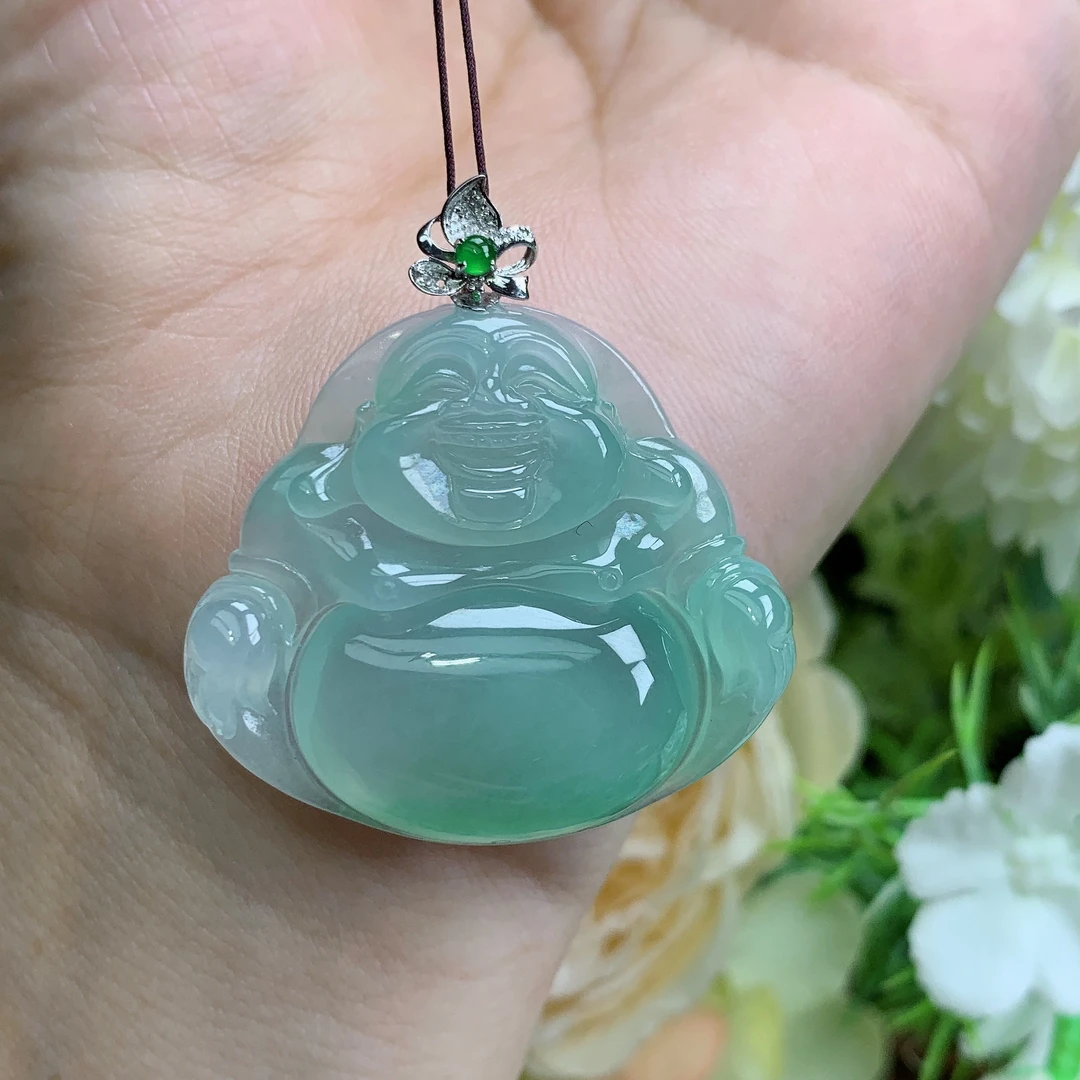 缅甸天然翡翠A货18k冰种起胶晴绿佛公吊坠浩尺寸30.7×35×6.6mm
