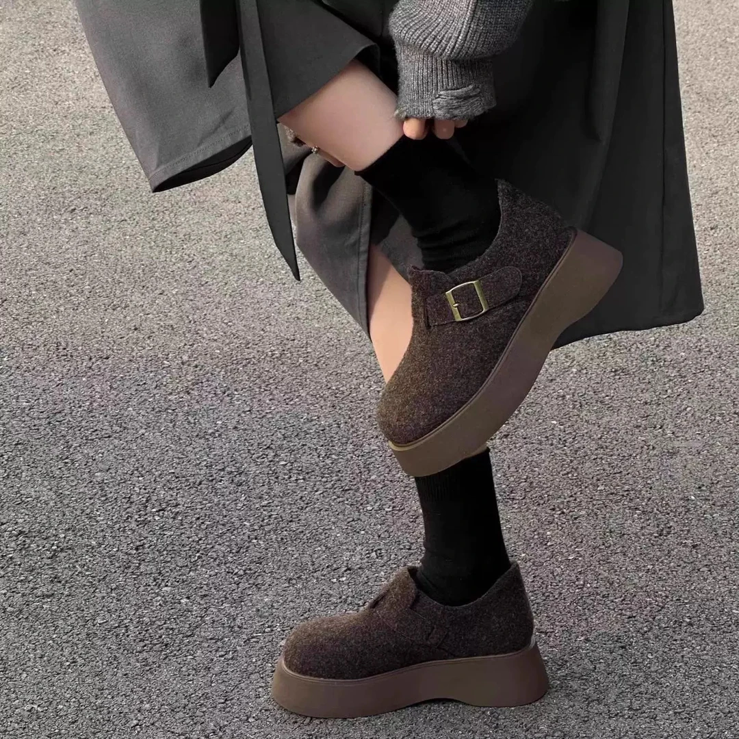 SUSU 甜酷毛呢料轻便厚底鞋冬加绒勃肯鞋一脚蹬皮鞋02-8911四右9