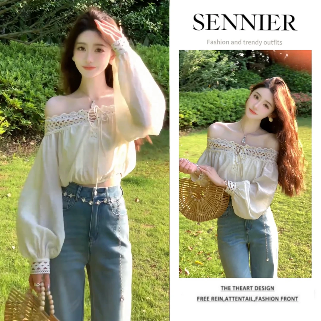 今年流行穿搭套装2025夏季新款时尚设计漏肩长袖百搭牛仔裤两件套