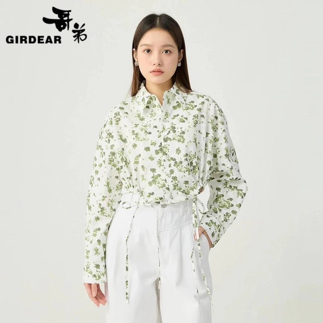 GIRDEAR/哥弟新款百搭通勤显瘦翻领别致高腰系带短款衬衫1300974
