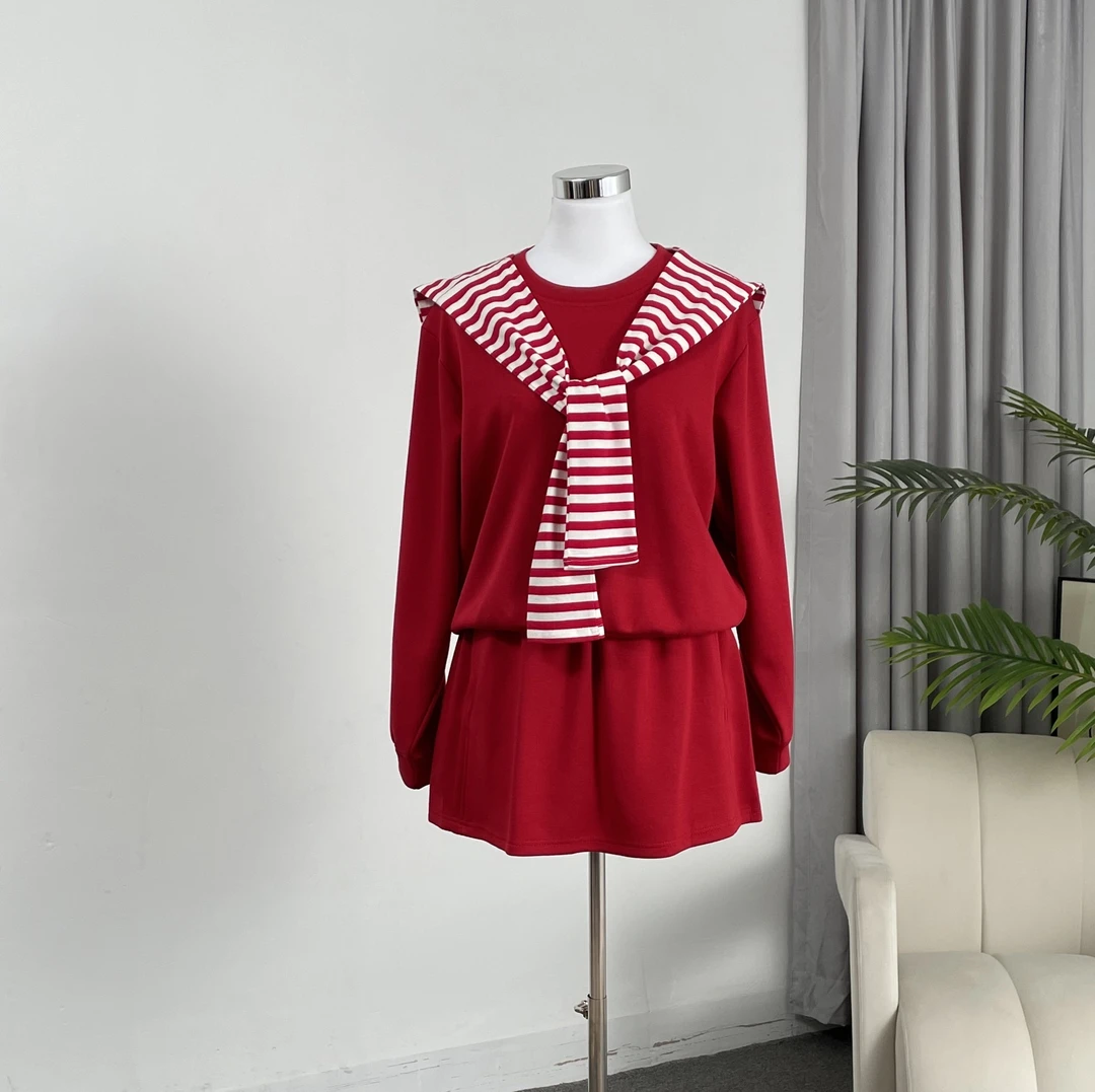 3740（3件套）大码女装胖MM秋冬简约卫衣松紧半身裙条纹套装5709