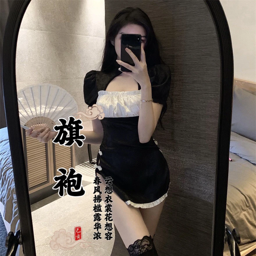 80-200斤中式现代旗袍连衣裙侧开裹胸缎面黑色镂空系带超短裙性感