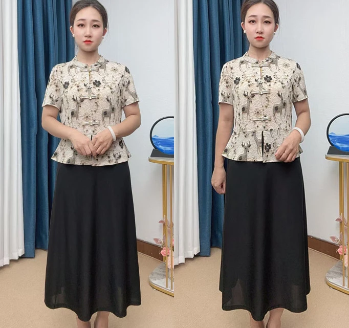 夏季新款气质大码显瘦妈妈装新中式国风中年假两件连衣裙