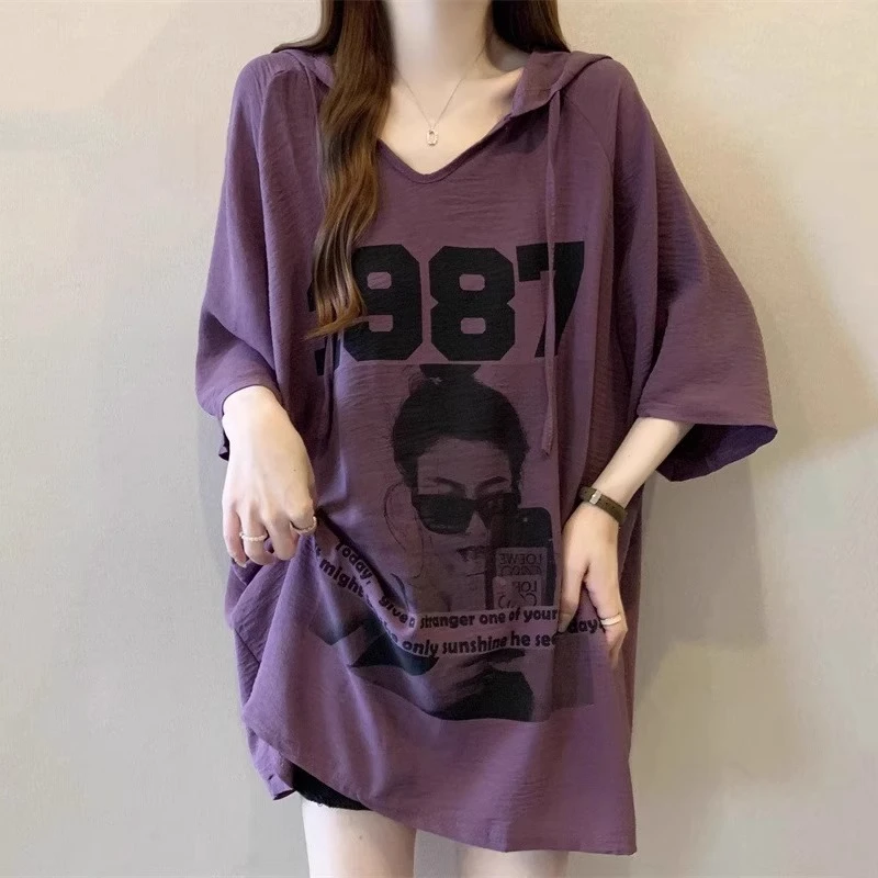 大码中长款休闲连帽印花短袖t恤女夏季胖妹妹宽松遮肚子薄款上衣