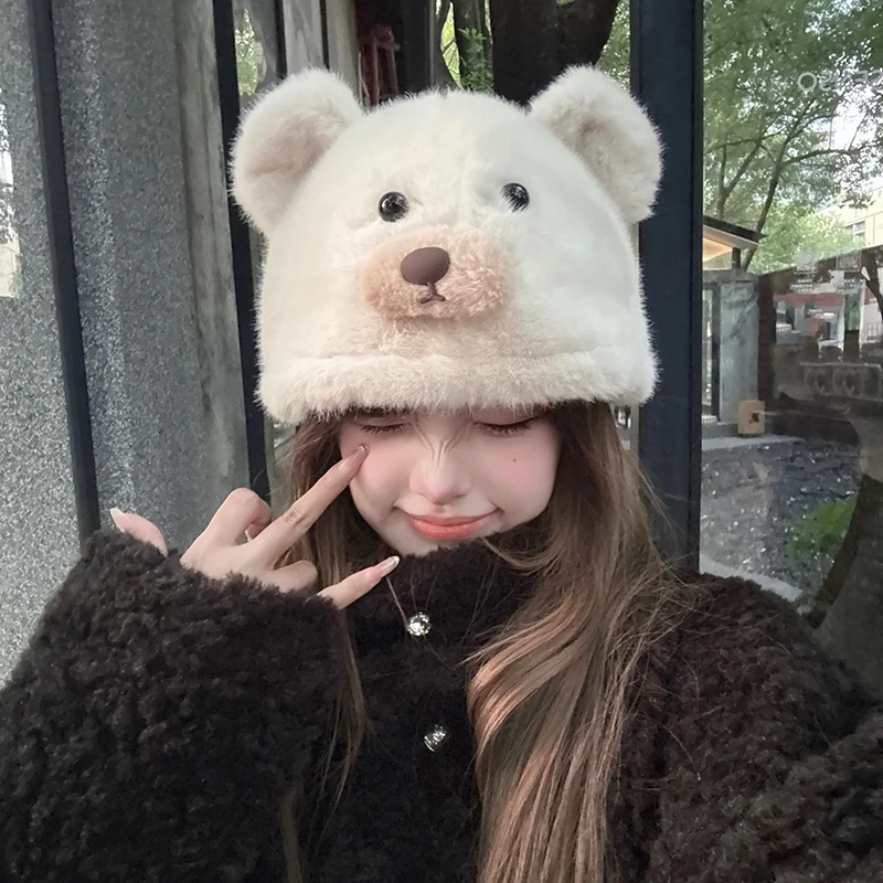 新款小熊耳朵毛绒帽女秋冬季保暖防寒护耳针织帽大头围毛茸茸帽子
