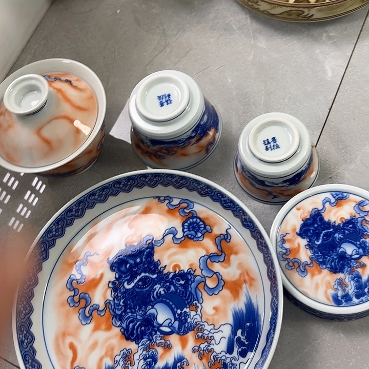 瓷片帆红醒狮5件套景德镇