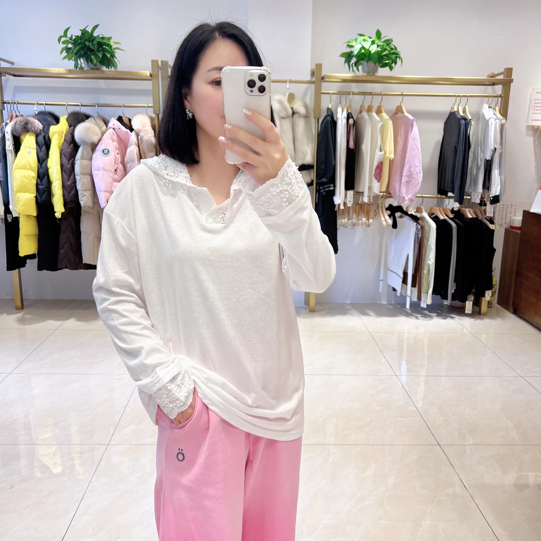 2025春欧若风连帽宽松拼接蕾丝长袖防晒纯色宽松型百搭打底休闲