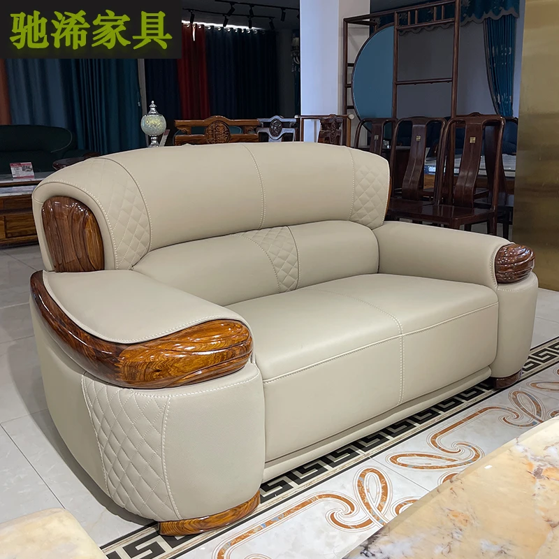 新中式乌金木真皮沙发别墅客厅实木沙发组合头层牛皮乌金木沙发