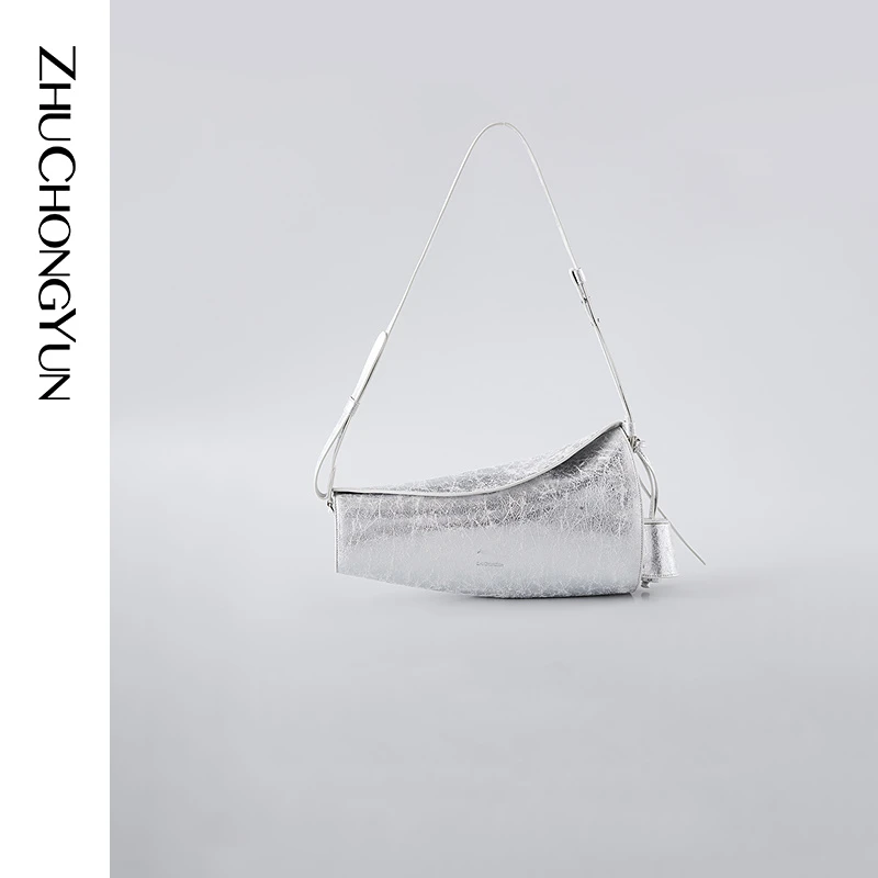 ZHUCHONGYUN2025夏新款银色小众设计感单肩女包包袋C2FZ25175
