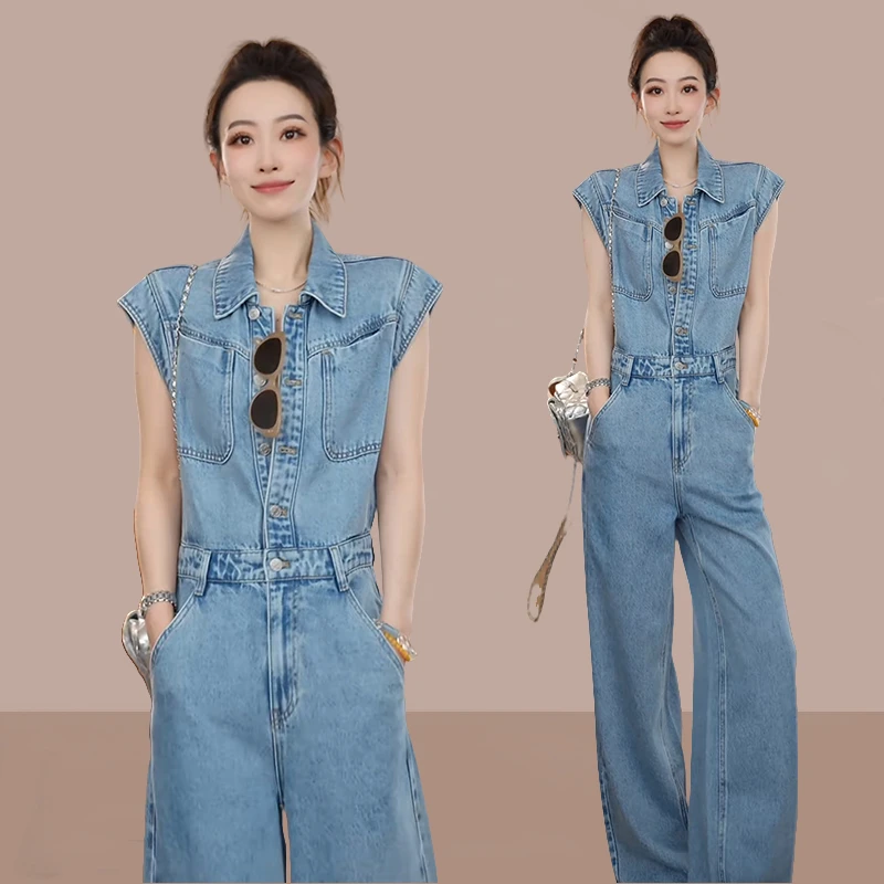 韩版潮流时尚牛仔连体裤女2026年夏季新款小众设计感休闲直筒裤潮