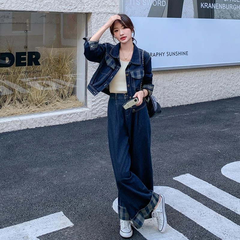 松弛感高端牛仔套装女春季新款韩版小众气质短款衬衫阔腿裤两件套