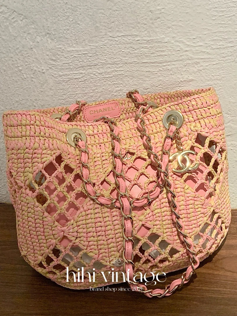 99新 Chanel/香奈儿 HIHI/24M cocobeach拼色镂空沙滩包JL