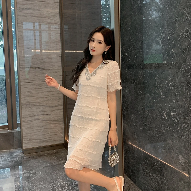 奢姿品牌【坠入星河】温柔优雅连衣裙大码女装夏季亮钻裙子