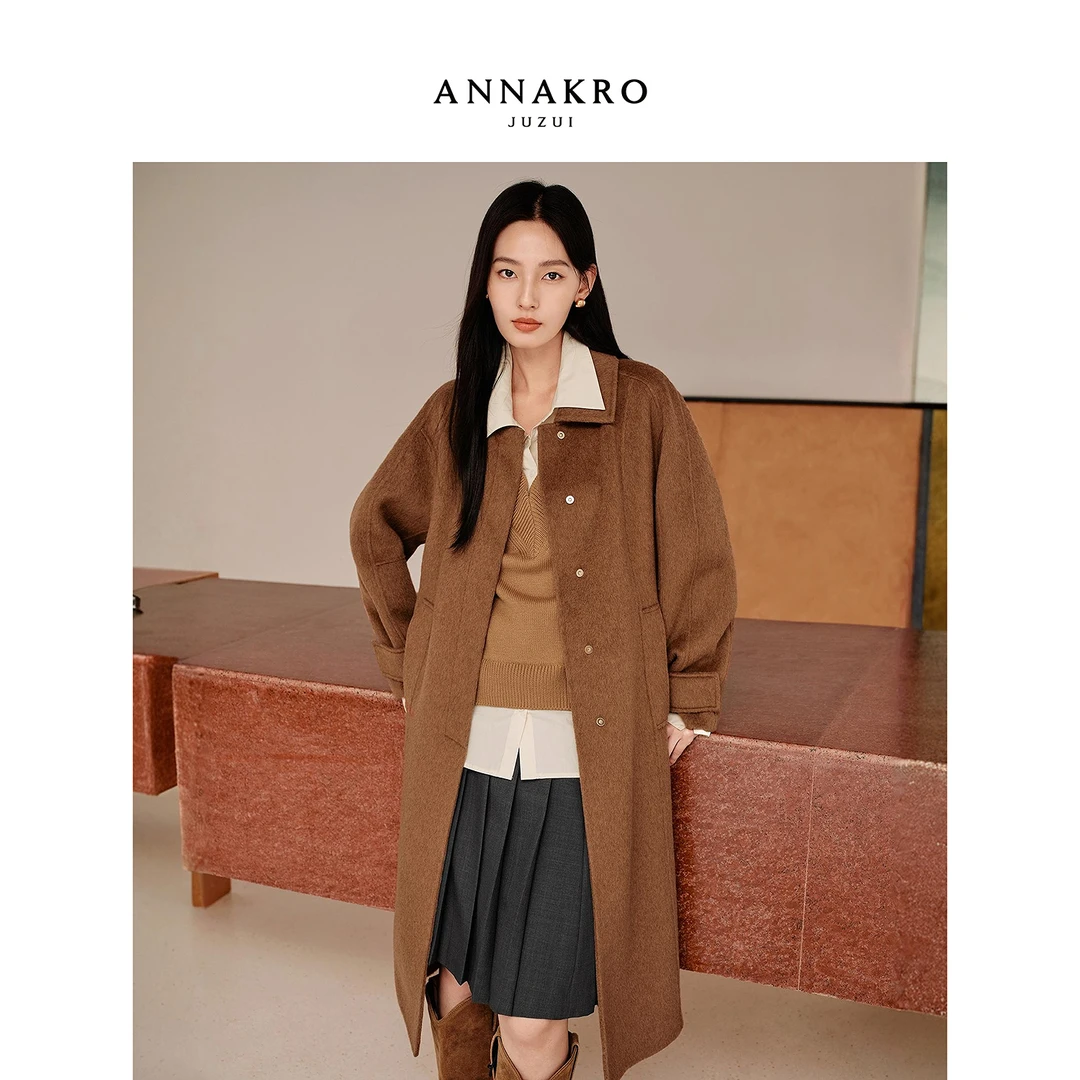 【丽公主专属】玖姿·安娜蔻KWFD72124长大衣口袋翻领女2025冬季新款