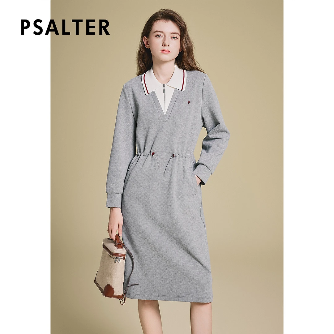 诗篇专选撞色翻领假两件棋盘格肌理感针织直筒连衣裙春游出行衣服