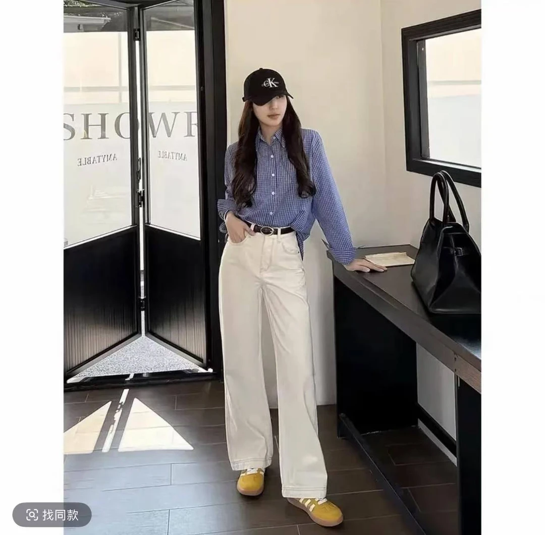 【运费险+现货】早秋新款米杏色牛仔裤女高腰显瘦窄版直筒裤