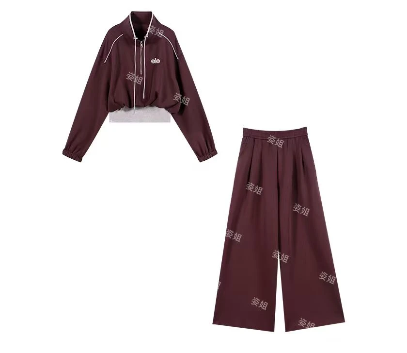 早秋新款复古半拉链假两件设计长袖卫衣休闲裤套装两件套